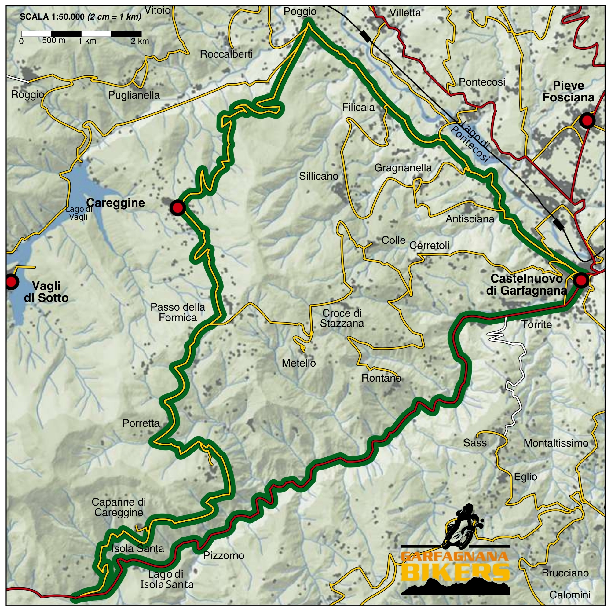 3-careggine Immagine itinerario Careggine - percorso segnato su mappa